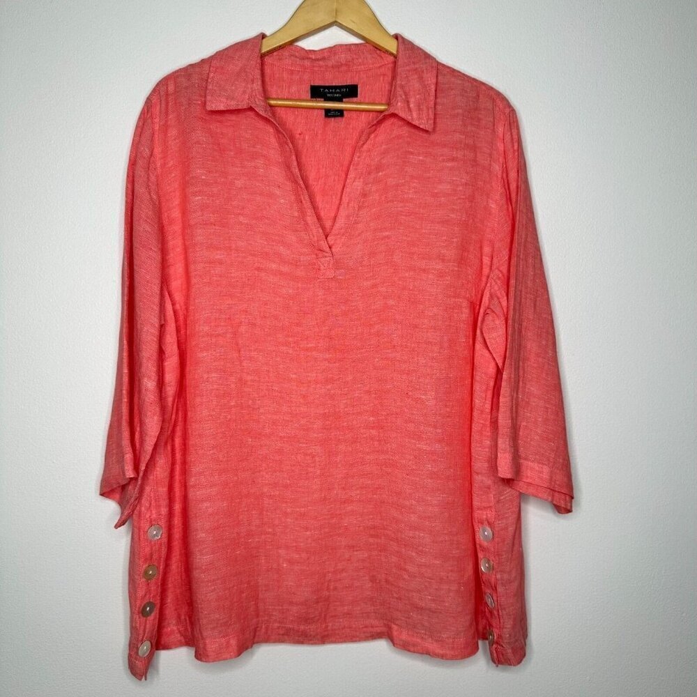 Tahari Linen Tunic Top Pink Coral Size 1X